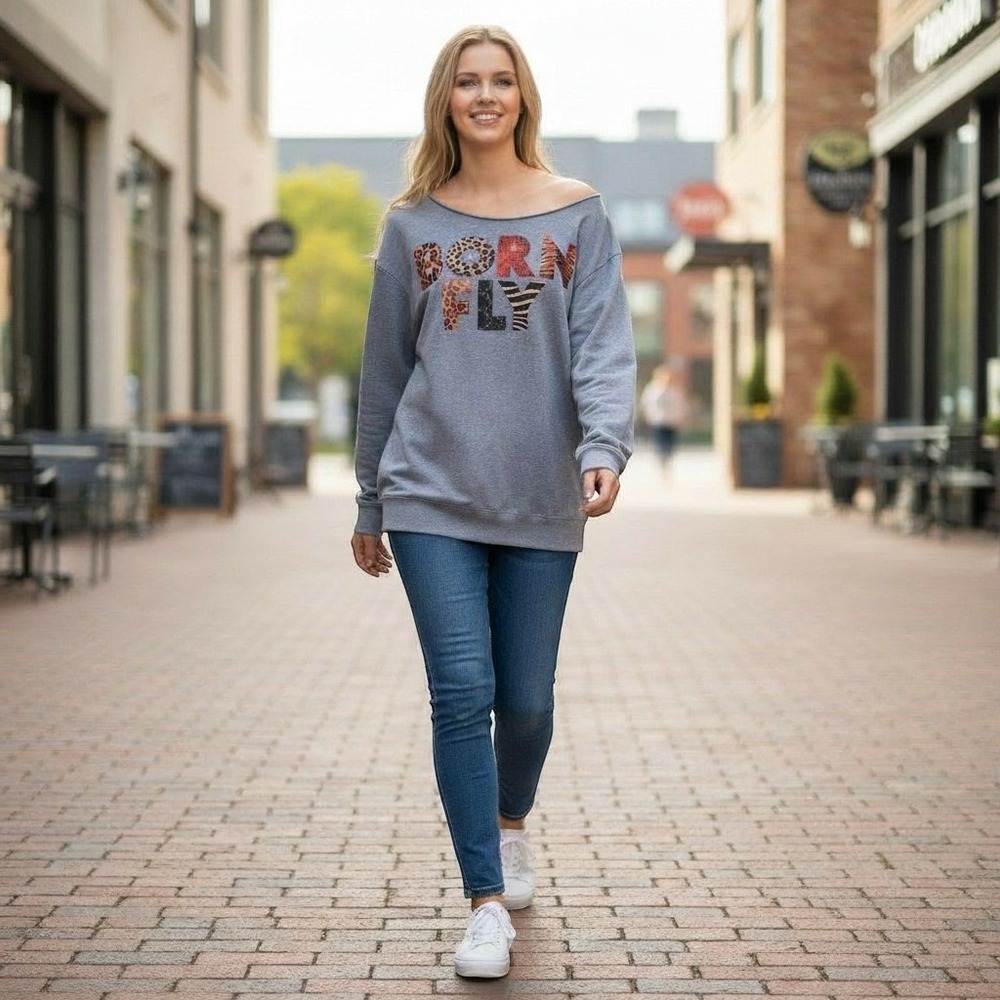Born Fly Womens Sweatshirt XL Gray Animal‎ Print Graphic Elbow Patch Pullover